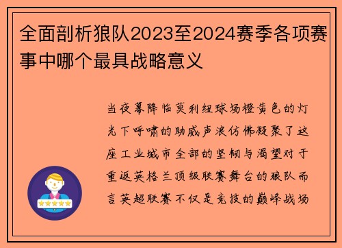 全面剖析狼队2023至2024赛季各项赛事中哪个最具战略意义